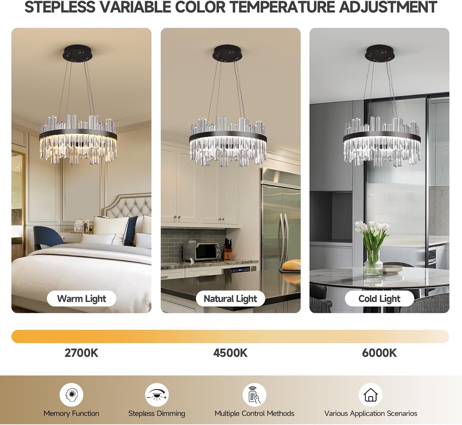 Black LED Modern Crystal Chandelier, 19.7 Inch Round, 3 Color Dimmable-3