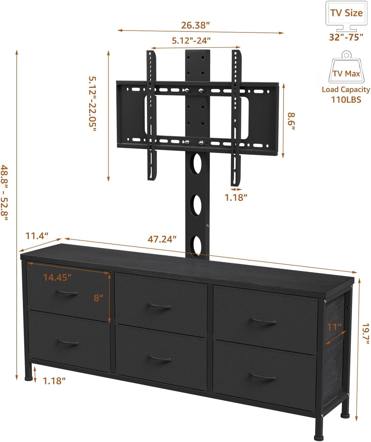 Black TV Entertainment Stand With Adjustable Mount