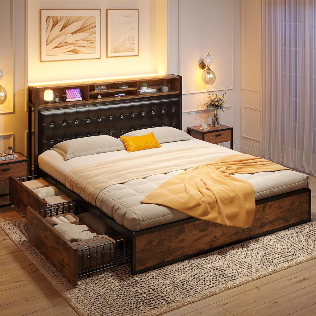 Queen Bed Frame With 4 Storage Drawers And Charging Station