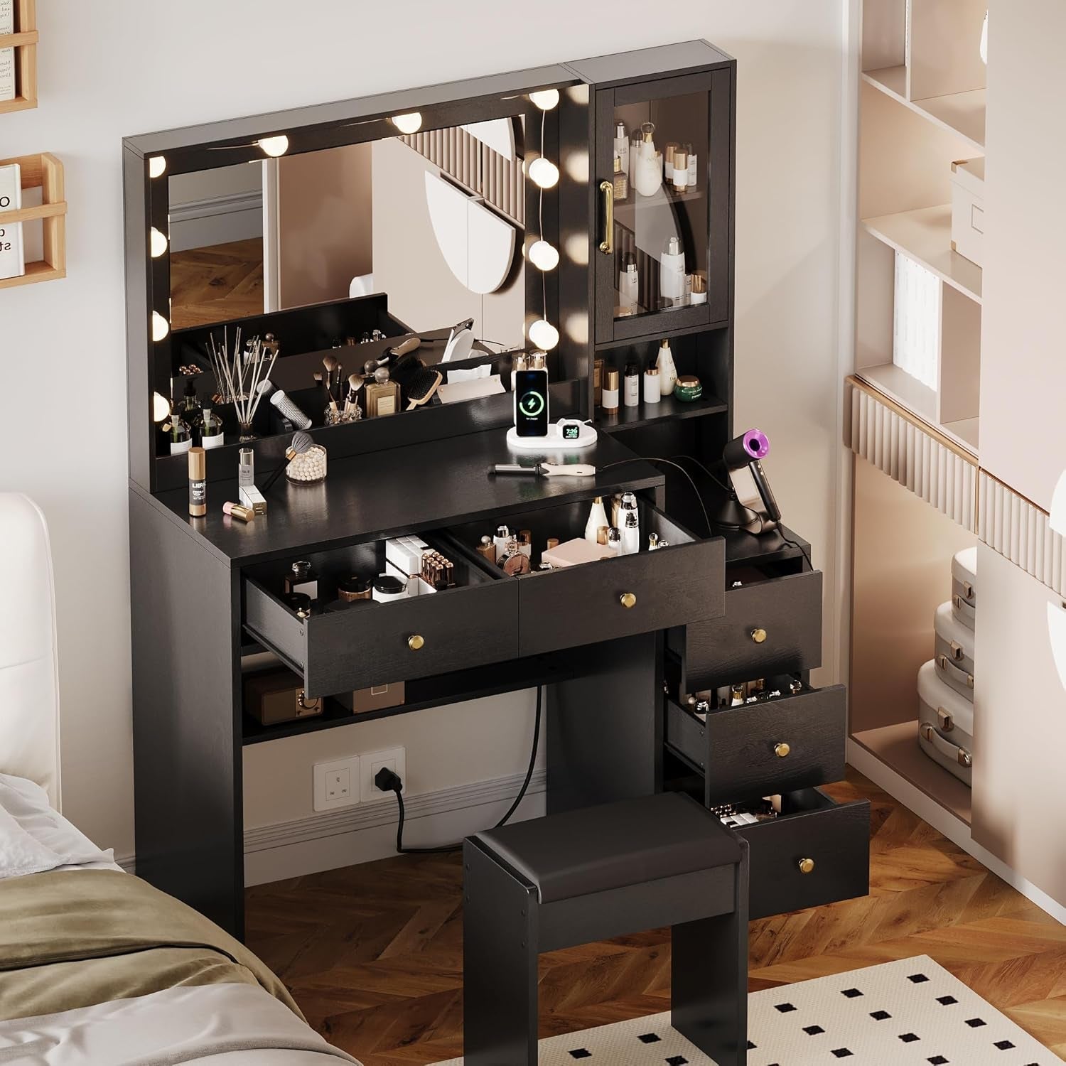 Black Vanity Featuring Lights And Charging Station