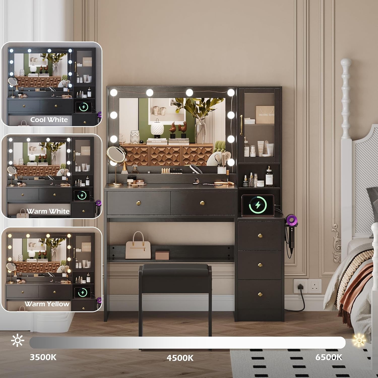 Black Vanity Featuring Lights And Charging Station