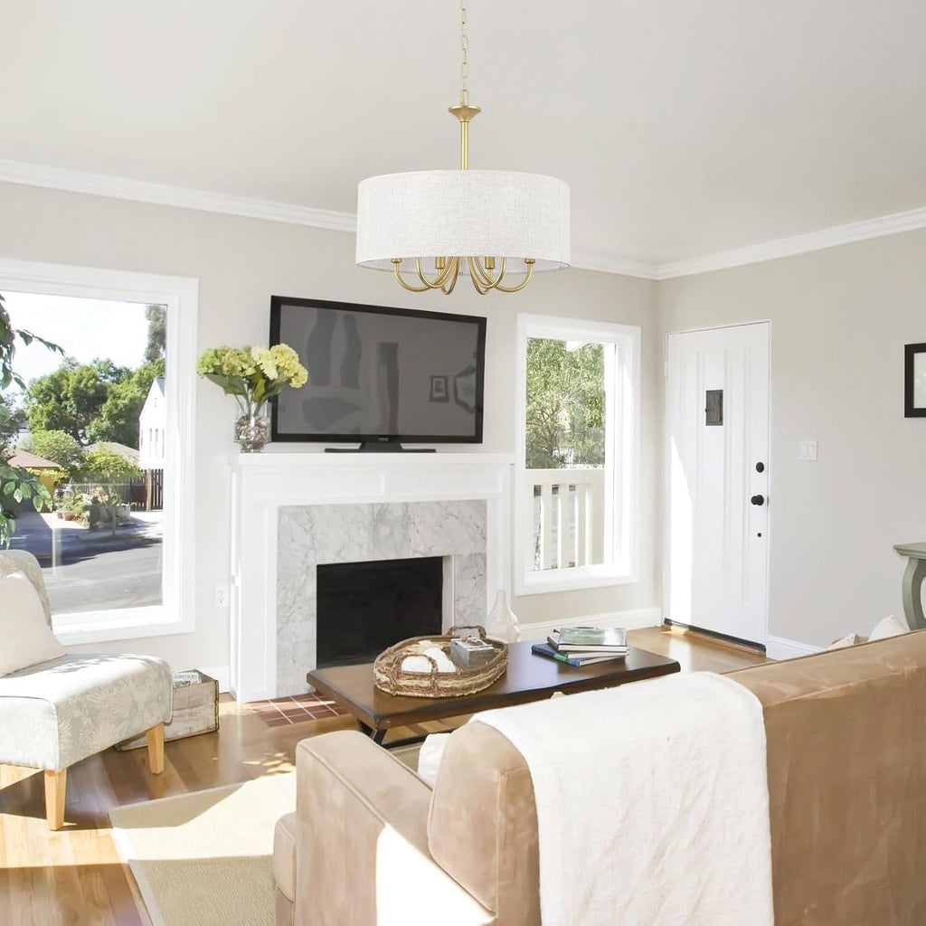 Gold Drum Chandelier With Fabric Shade 6 Light Fixture-4