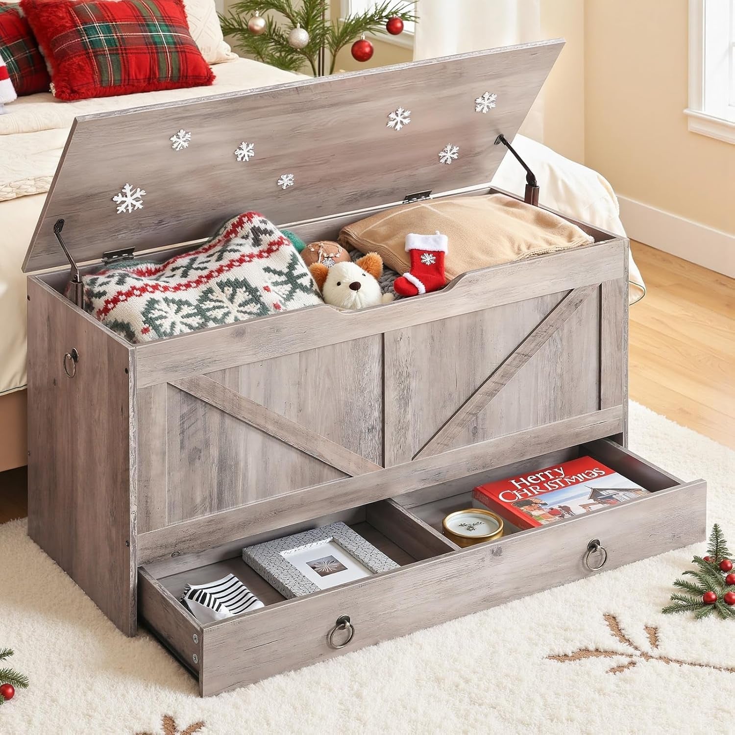 Greige Premium Quality Solid Wood Storage Bench Toy Chest