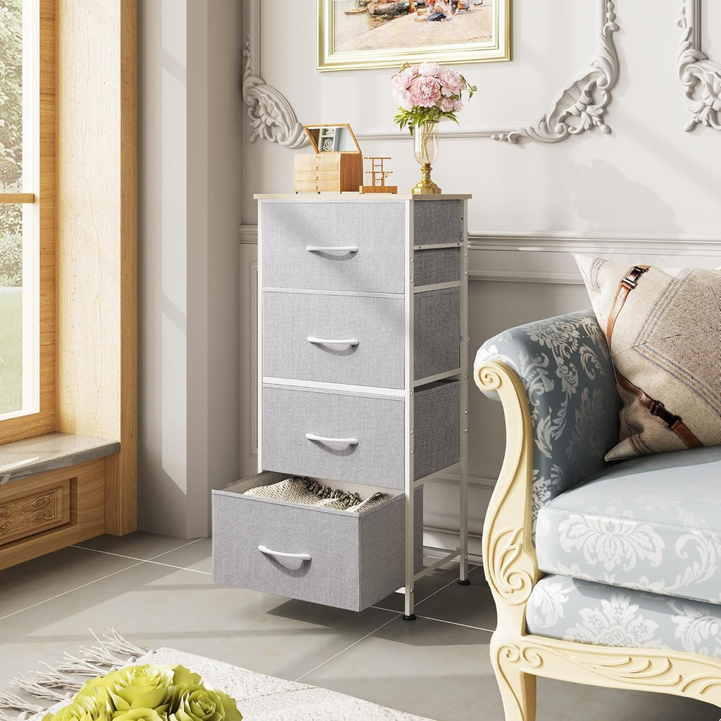 Light Grey Fabric 4 Drawer Dresser With Wood Top Storage