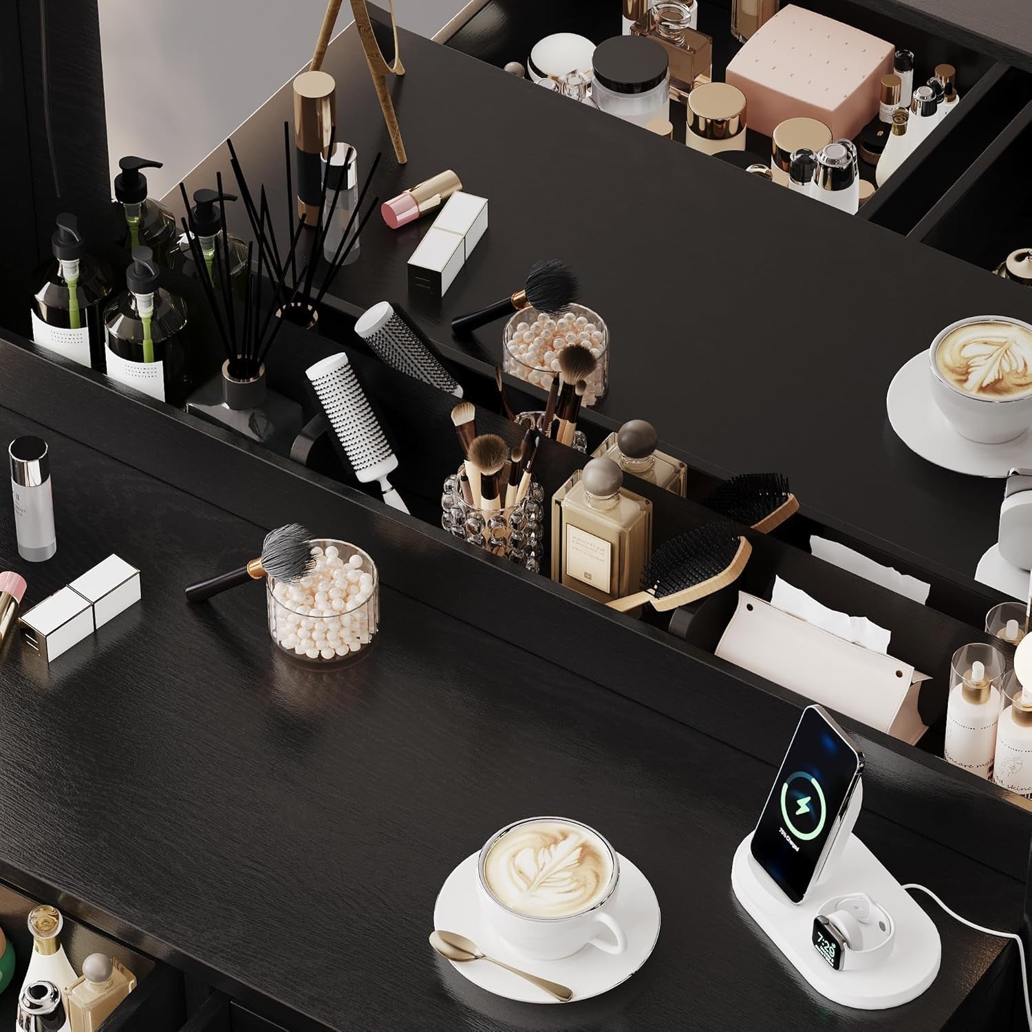 Black Vanity Featuring Lights And Charging Station