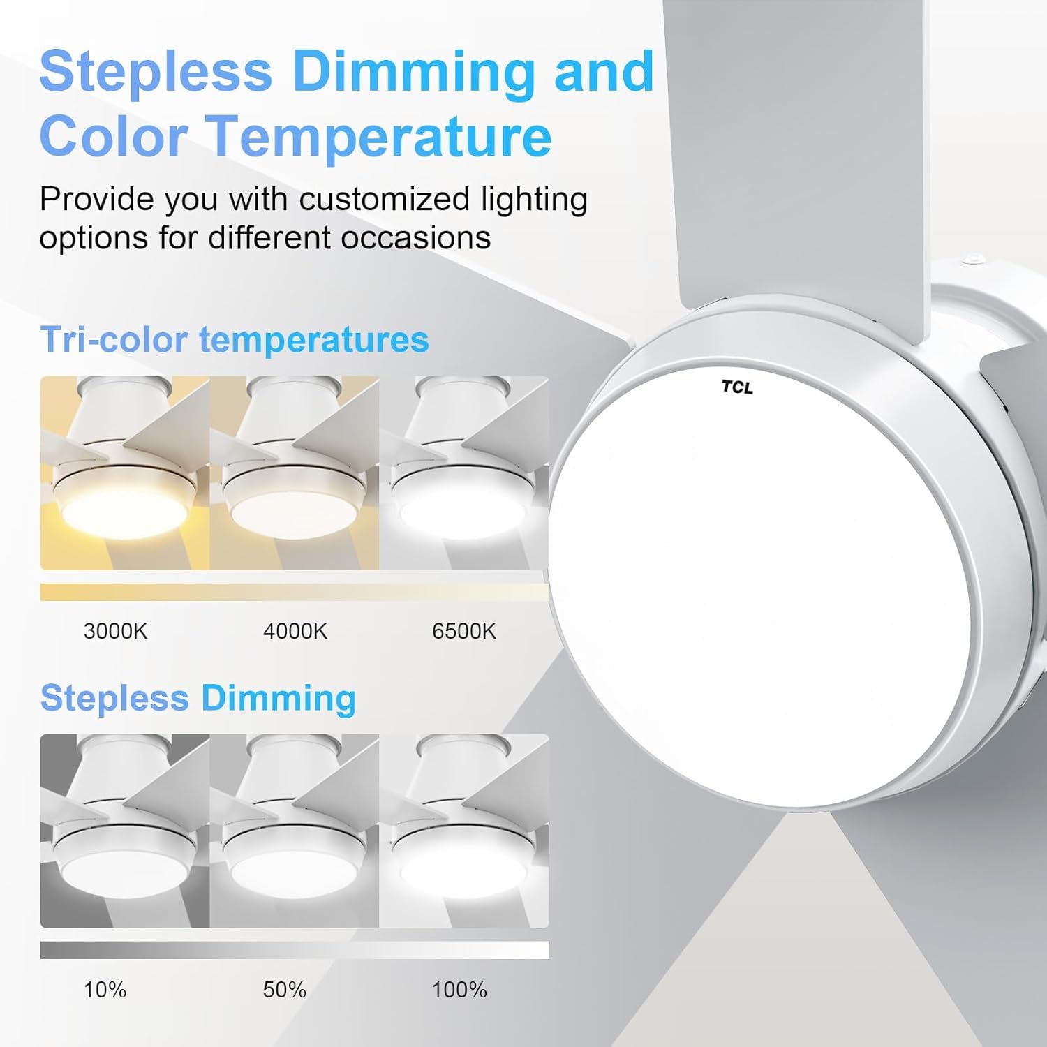 52 Inch White Ceiling Fan With Dimmable LED Lights