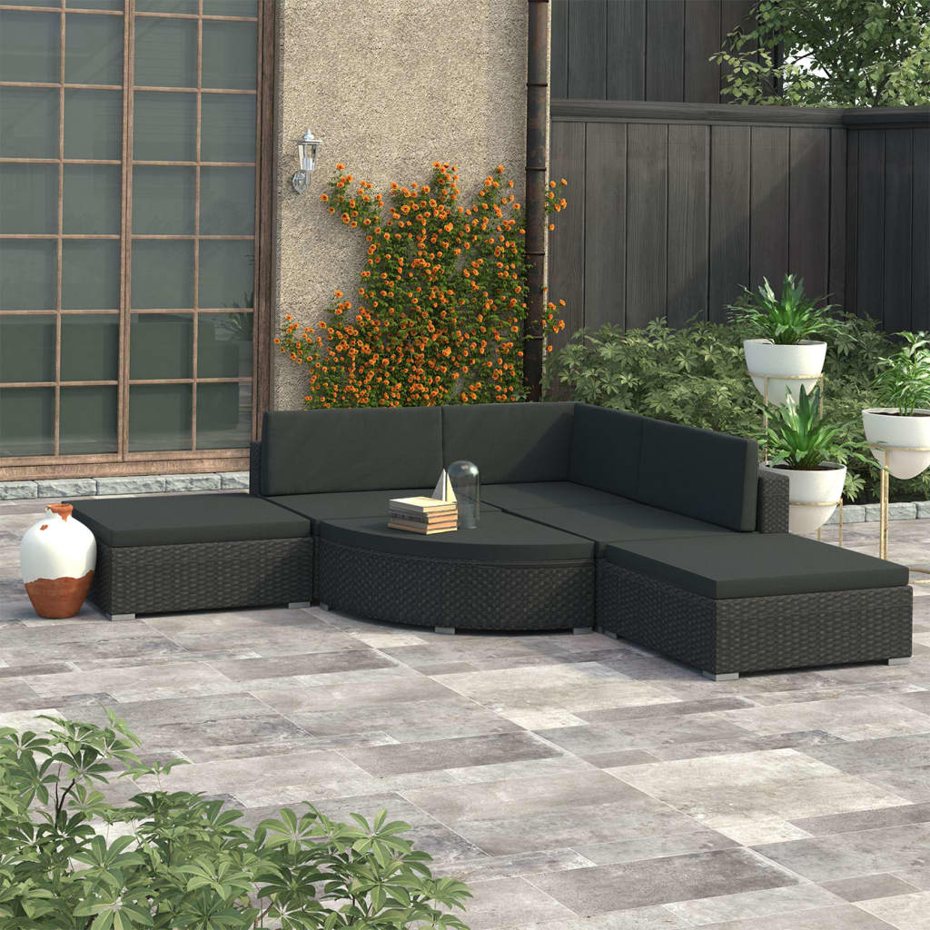 vidaXL 6 Piece Patio Lounge Set with Cushions Poly Rattan Black