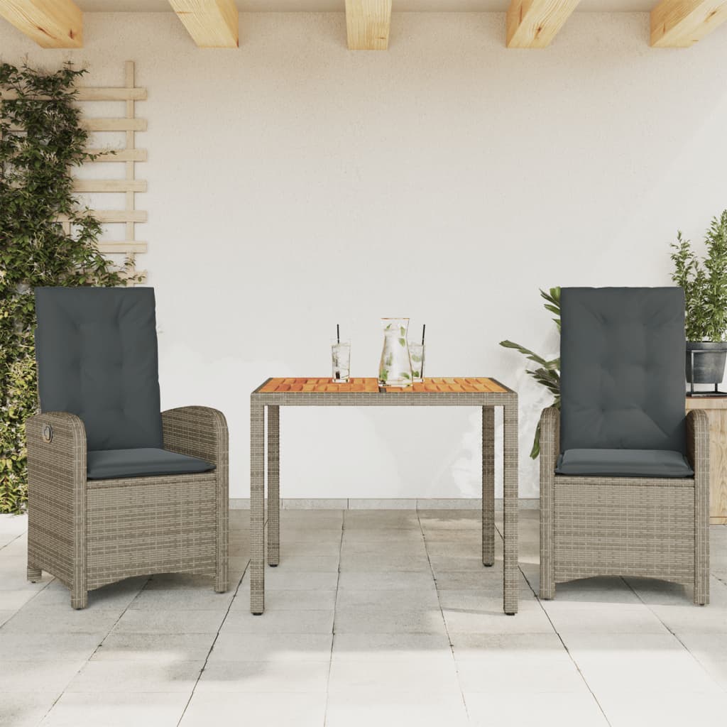 vidaXL 3 Piece Patio Dining Set with Cushions Gray Poly Rattan