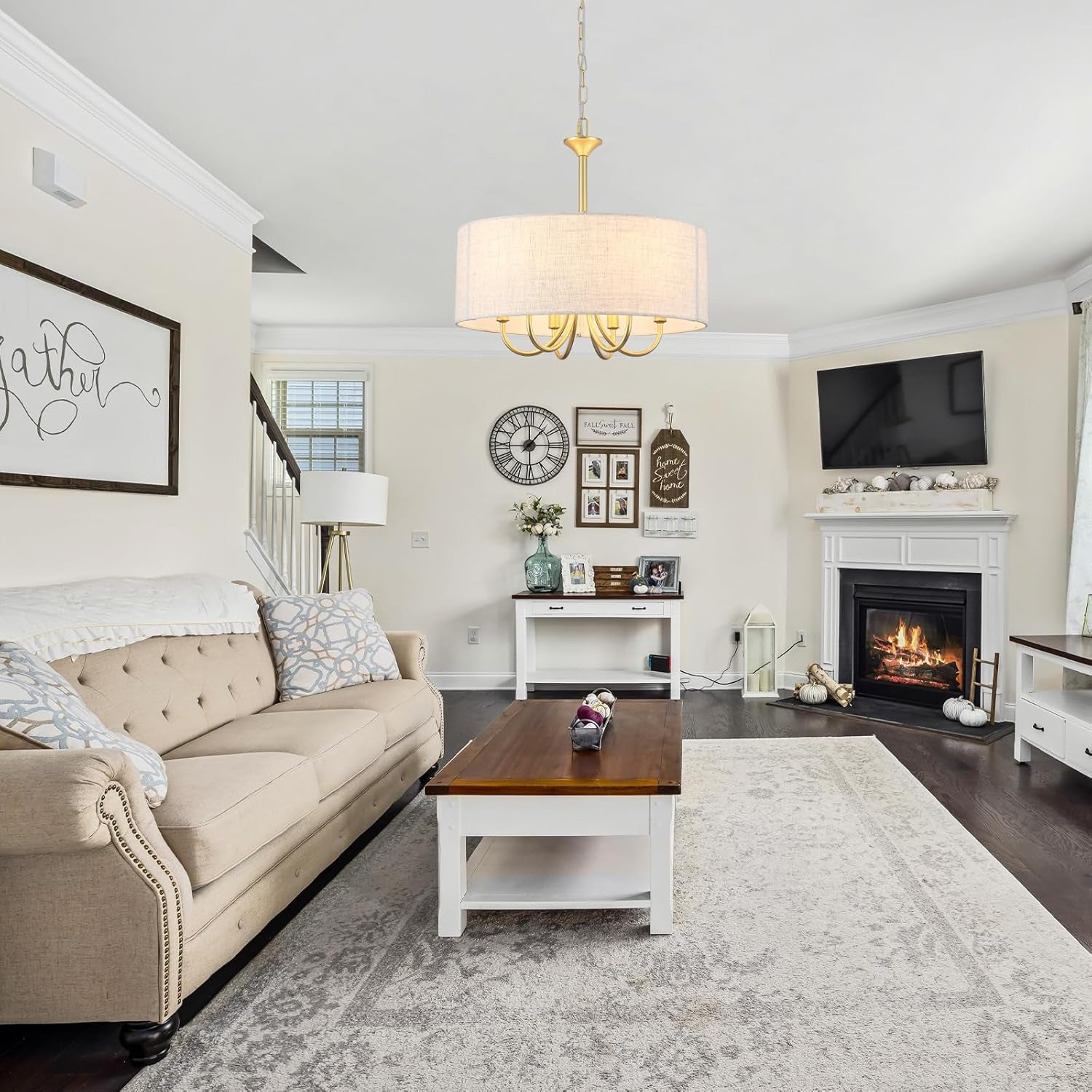 Gold Drum Chandelier With Fabric Shade 6 Light Fixture-2