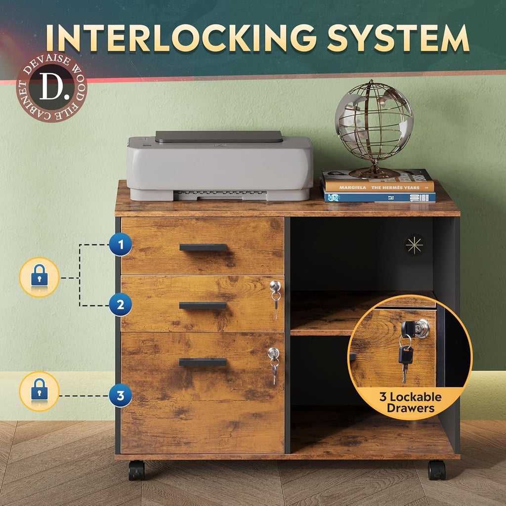 3 Drawer Wood File Cabinet With Lock For Home Office