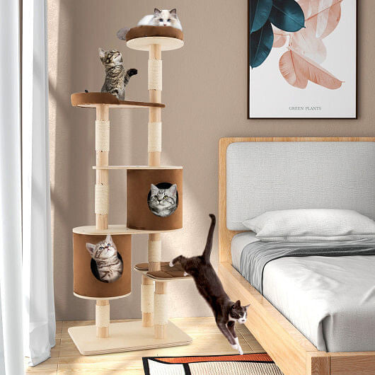 6-Tier Wooden Cat Tree with 2 Removeable Condos Platforms and Perch-Brown-4