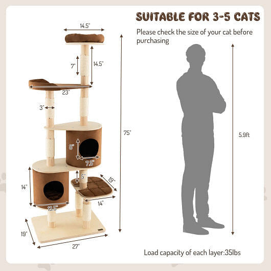 6-Tier Wooden Cat Tree with 2 Removeable Condos Platforms and Perch-Brown-5