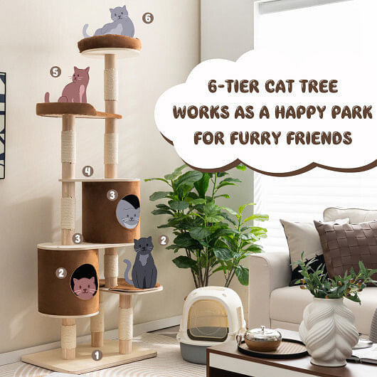 6-Tier Wooden Cat Tree with 2 Removeable Condos Platforms and Perch-Brown-3