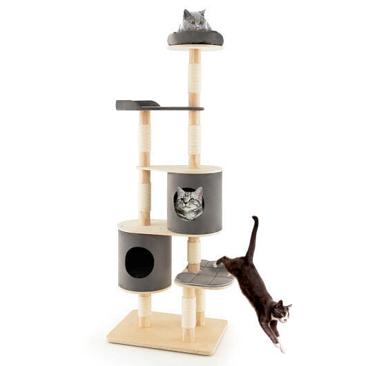 6-Tier Wooden Cat Tree with 2 Removeable Condos Platforms and Perch-Brown-1