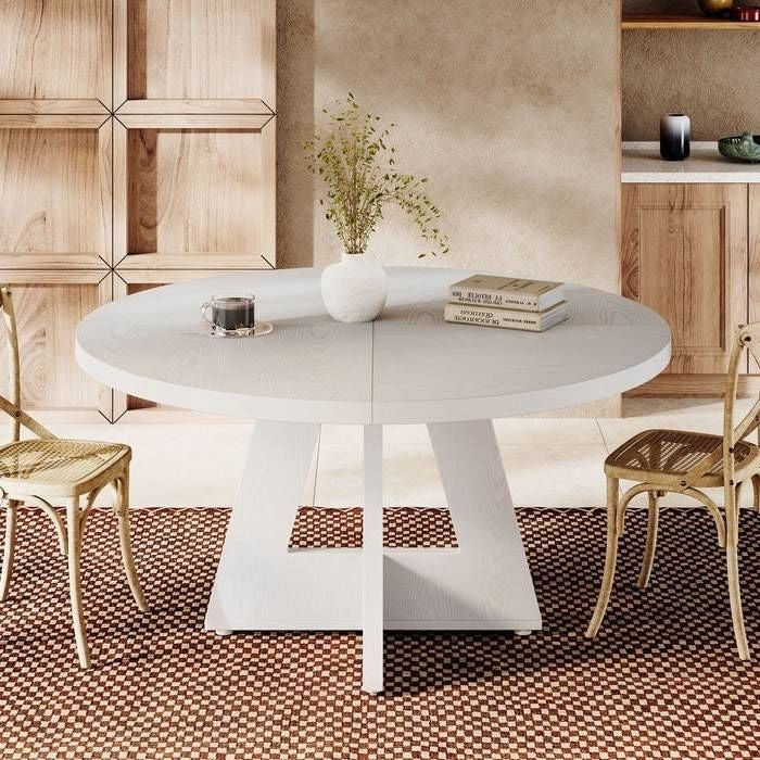 Modern Kitchen Round Circular Dining Table in White Wood Finish