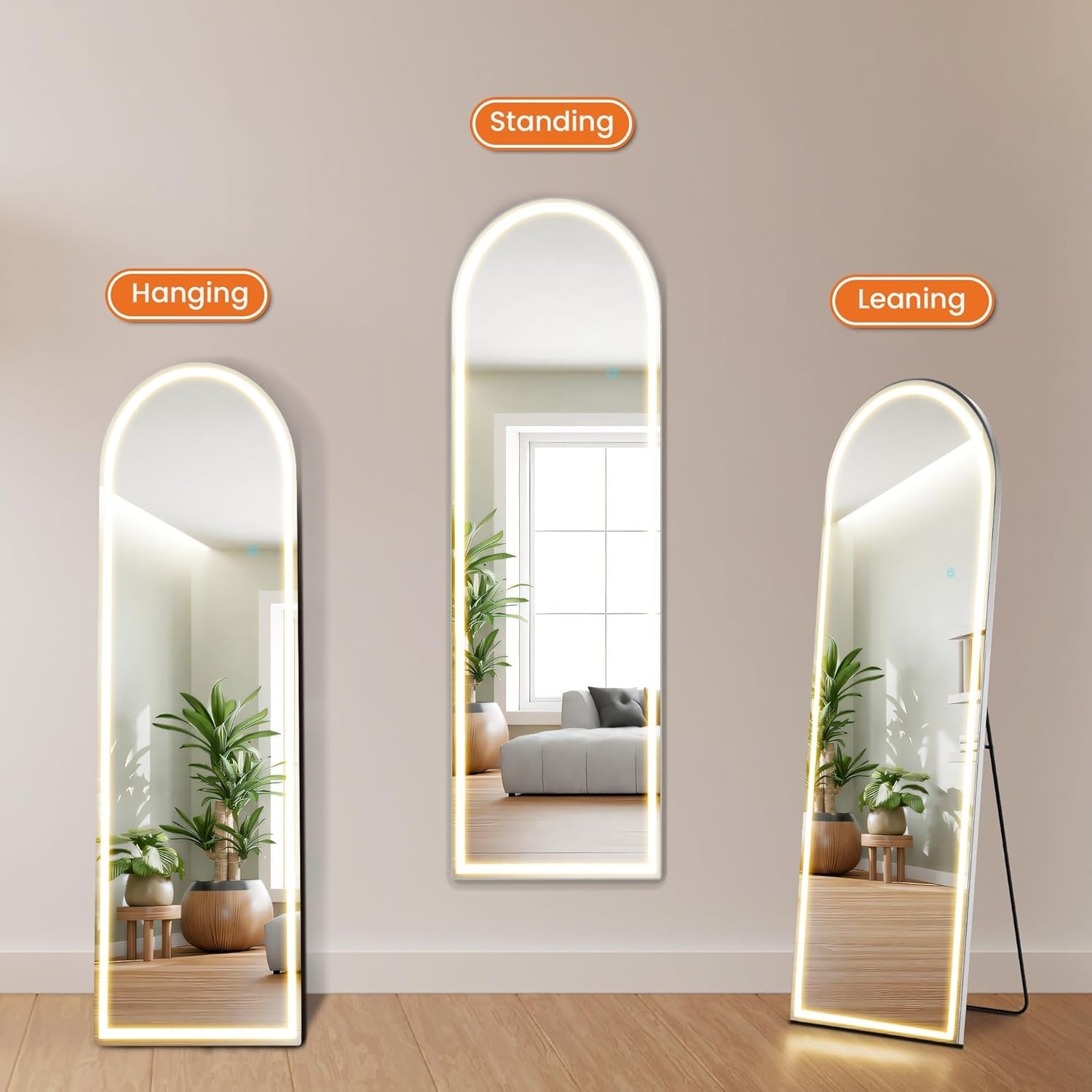 Arched Full Length LED Mirror 61x17 Inch Dimmable 3 Color Floor Stand