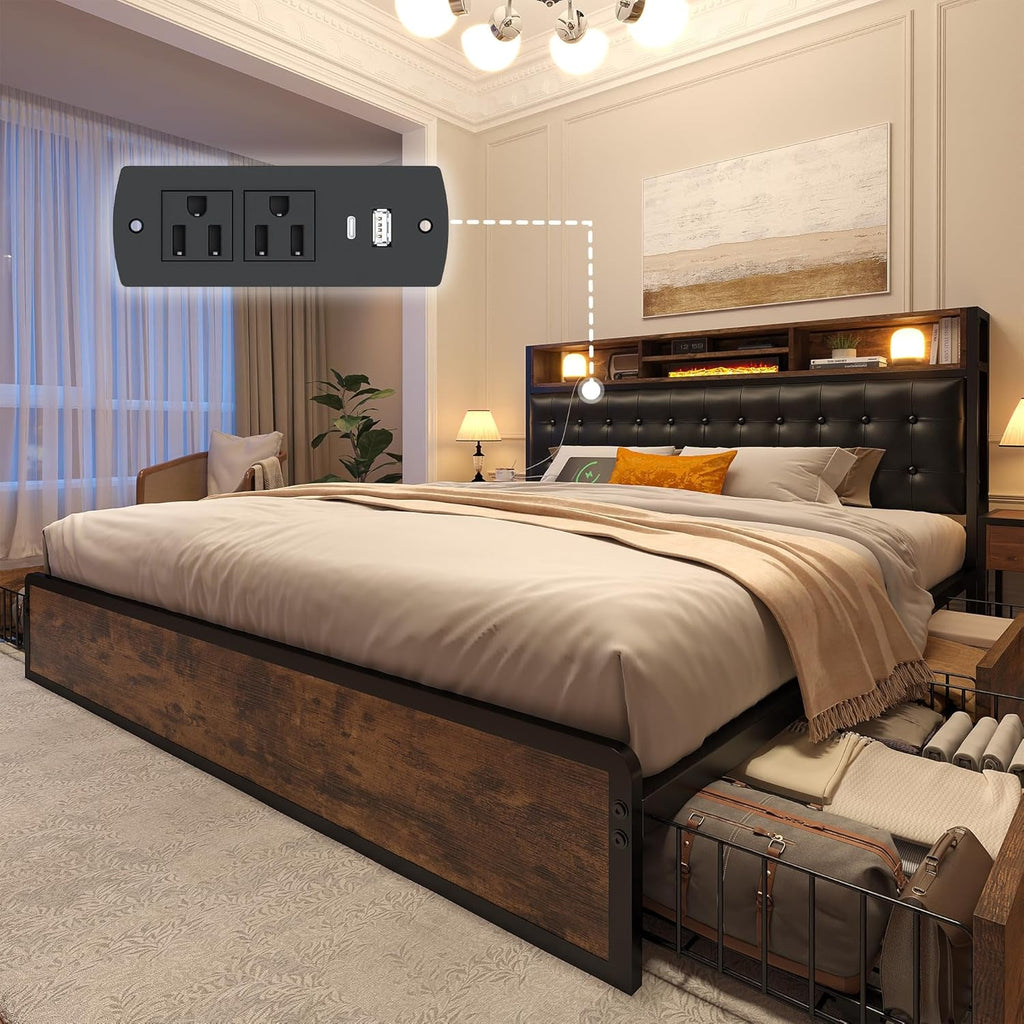 Queen Bed Frame With 4 Storage Drawers And Charging Station