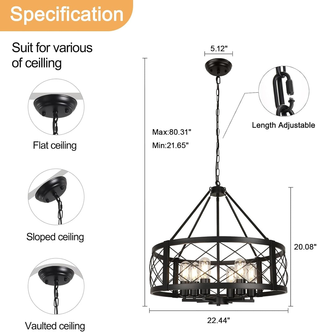 6 Light Black Rustic Drum Chandelier For Dining Room-1