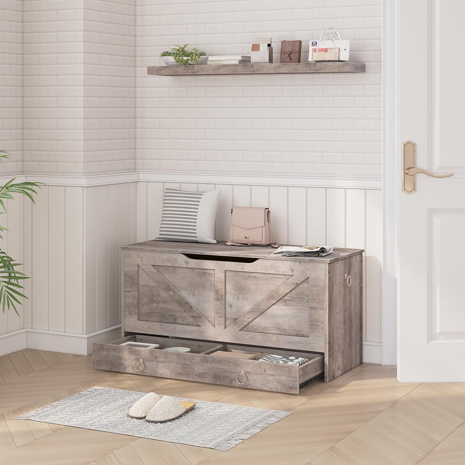 Greige Premium Quality Solid Wood Storage Bench Toy Chest