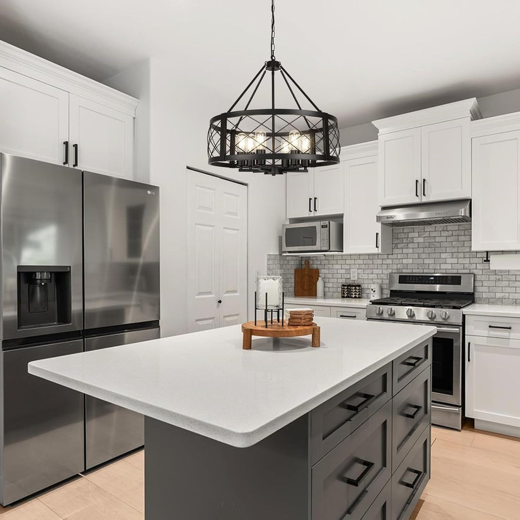 6 Light Black Rustic Drum Chandelier For Dining Room-3