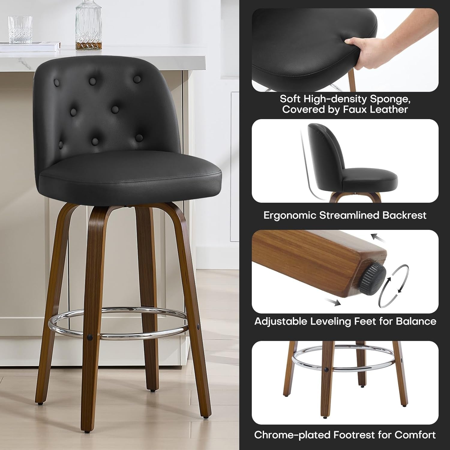 Bar Stools Set Of 4 26 Inch Black Counter Height Swivel