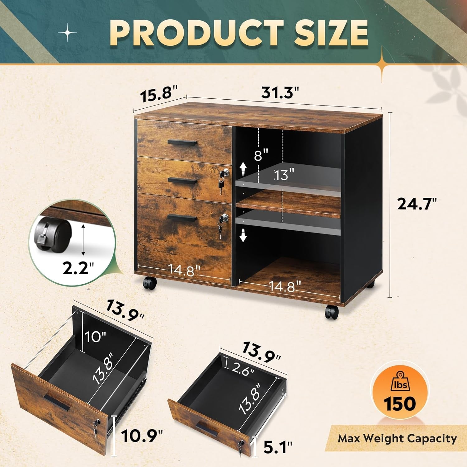 3 Drawer Wood File Cabinet With Lock For Home Office