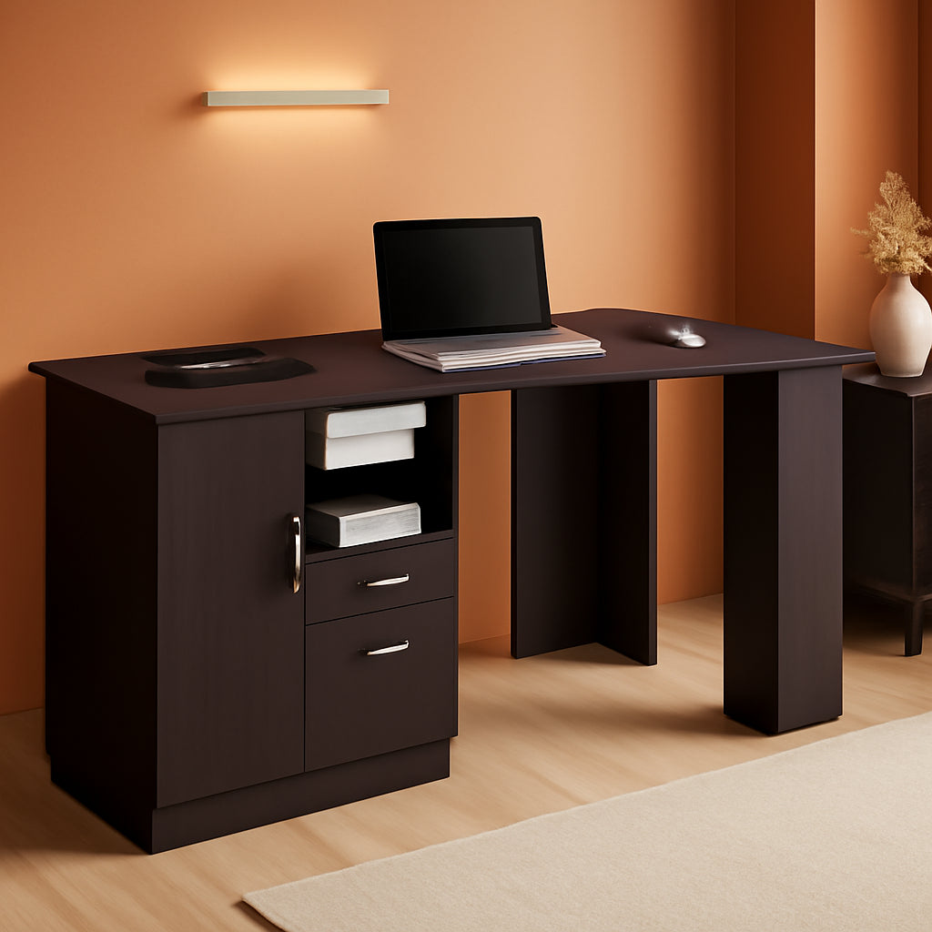 Classic Espresso Office Desk with Storage Shelves and Drawers