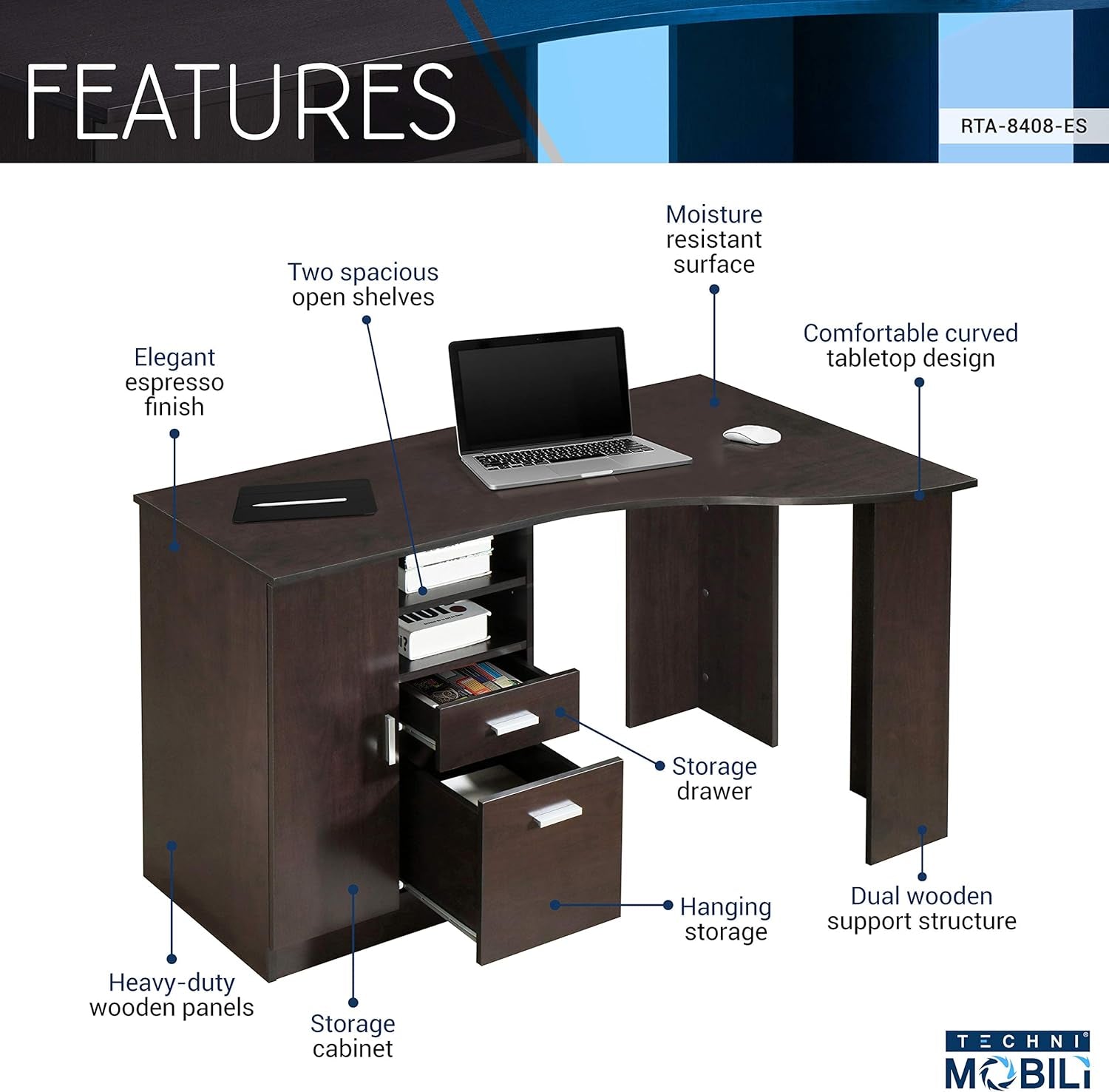 Classic Espresso Office Desk with Storage Shelves and Drawers