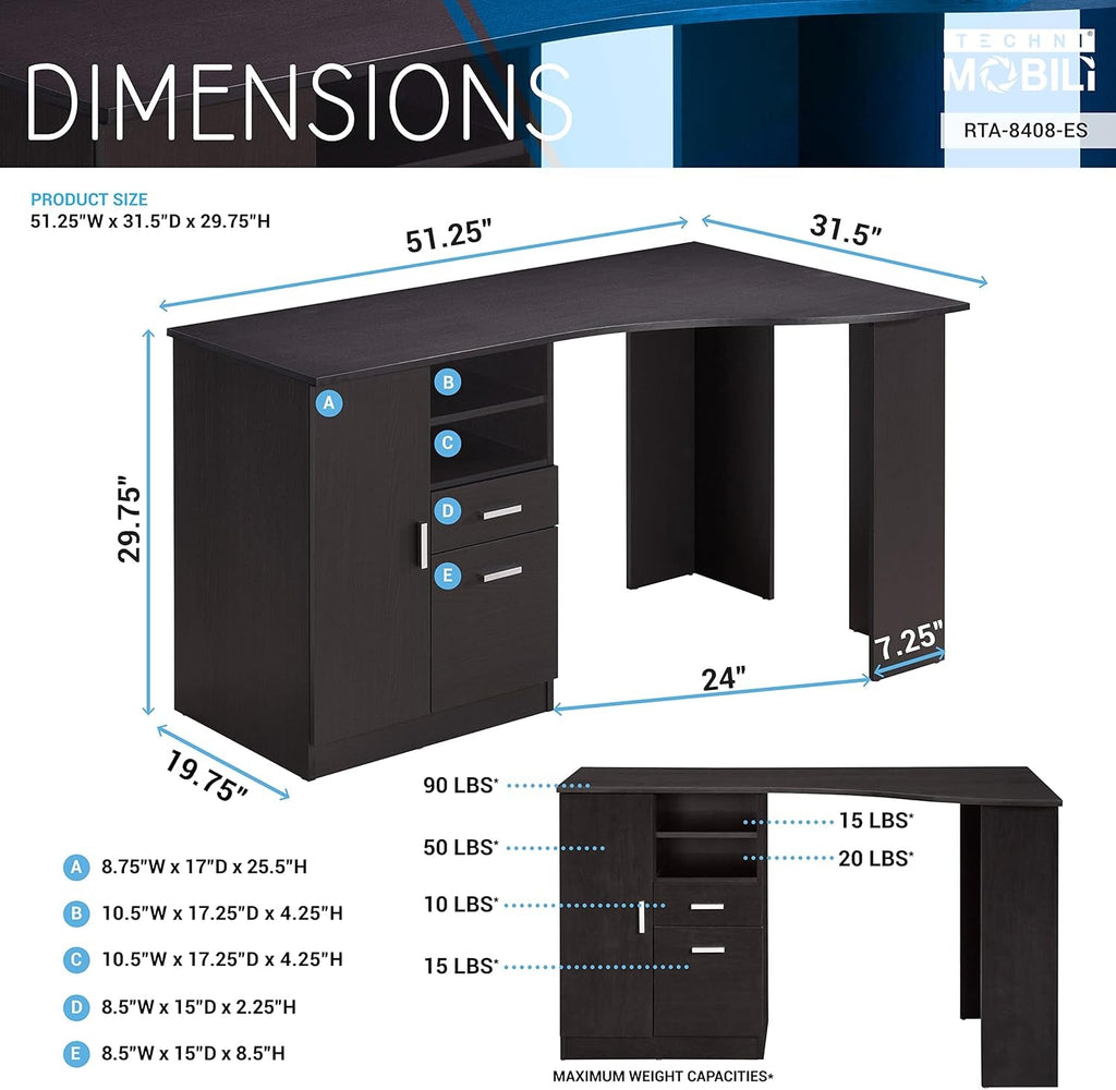 Classic Espresso Office Desk with Storage Shelves and Drawers