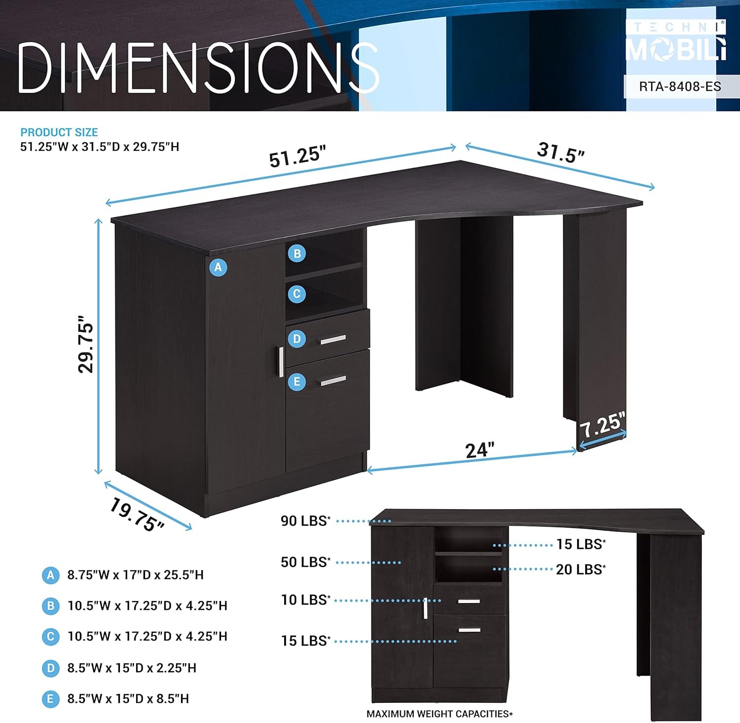 Classic Espresso Office Desk with Storage Shelves and Drawers