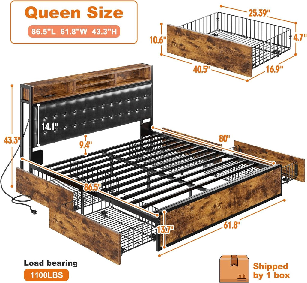 Queen Bed Frame With 4 Storage Drawers And Charging Station