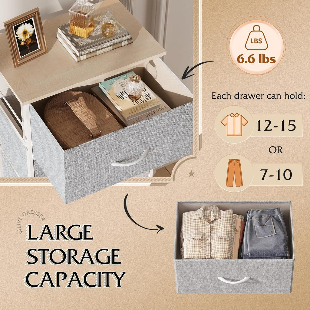 Light Grey Fabric 4 Drawer Dresser With Wood Top Storage