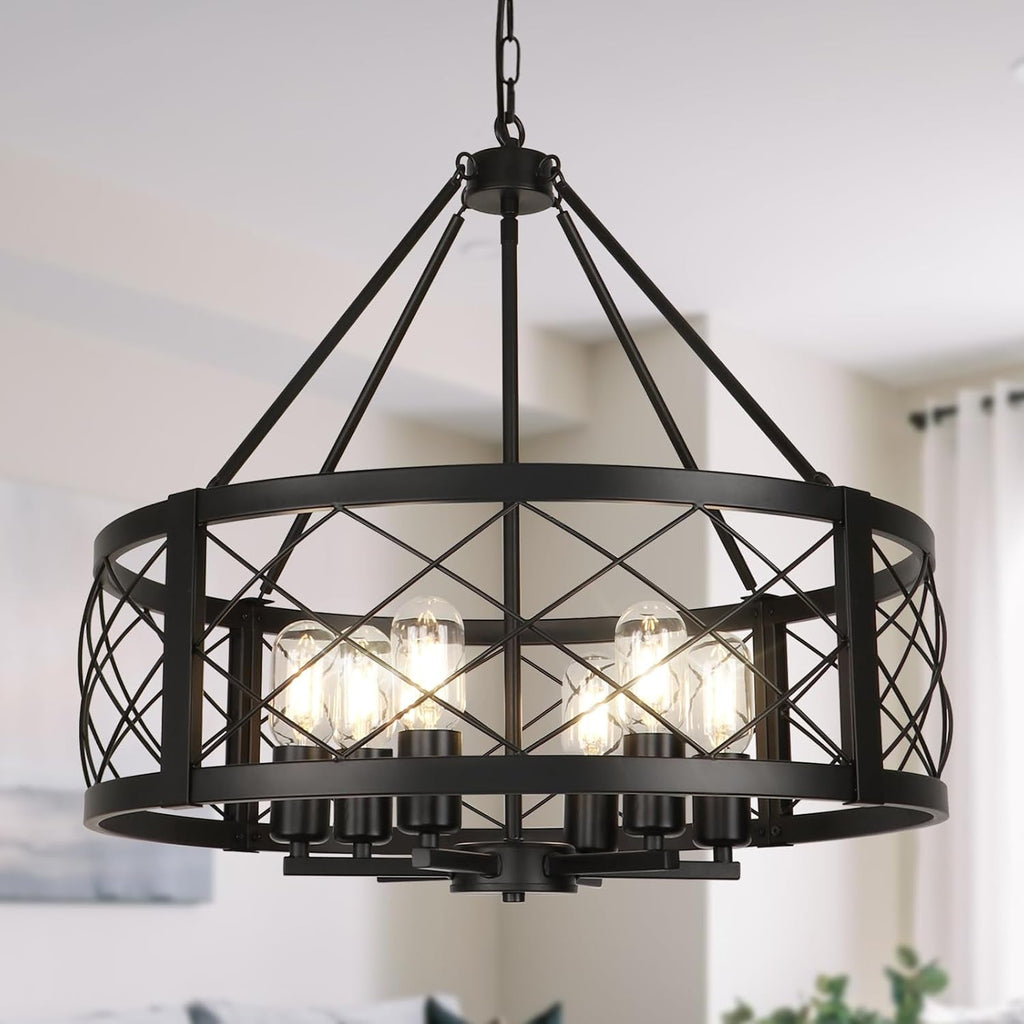 6 Light Black Rustic Drum Chandelier For Dining Room-0