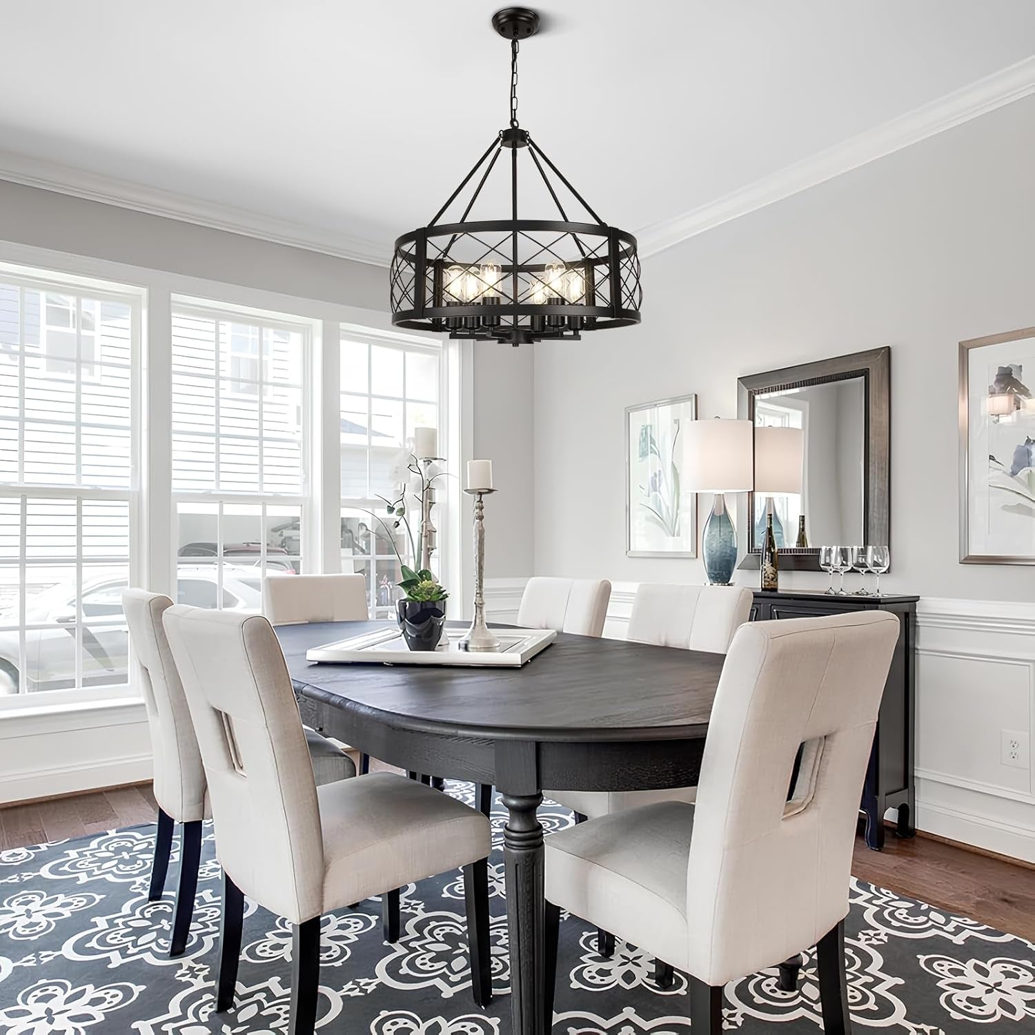 6 Light Black Rustic Drum Chandelier For Dining Room-2