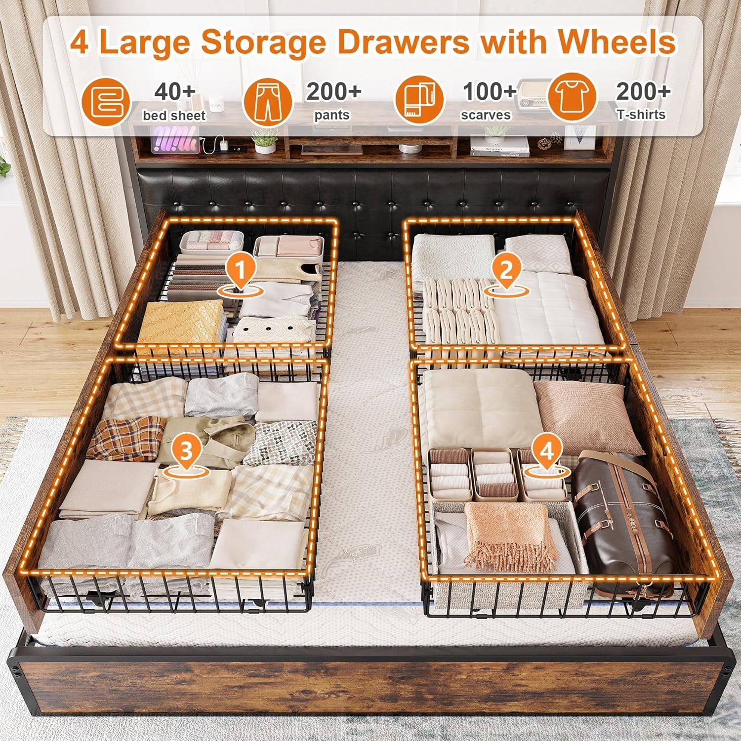 Queen Bed Frame With 4 Storage Drawers And Charging Station