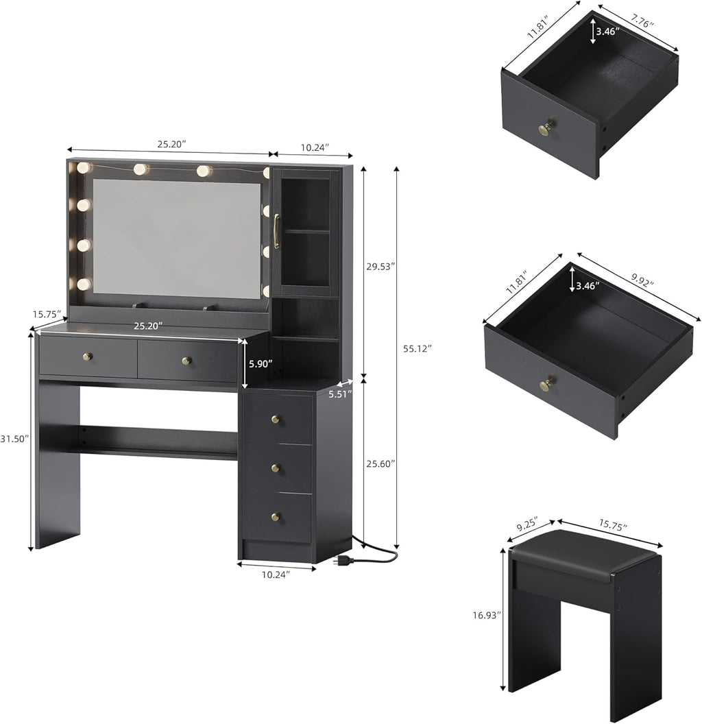 Black Vanity Featuring Lights And Charging Station