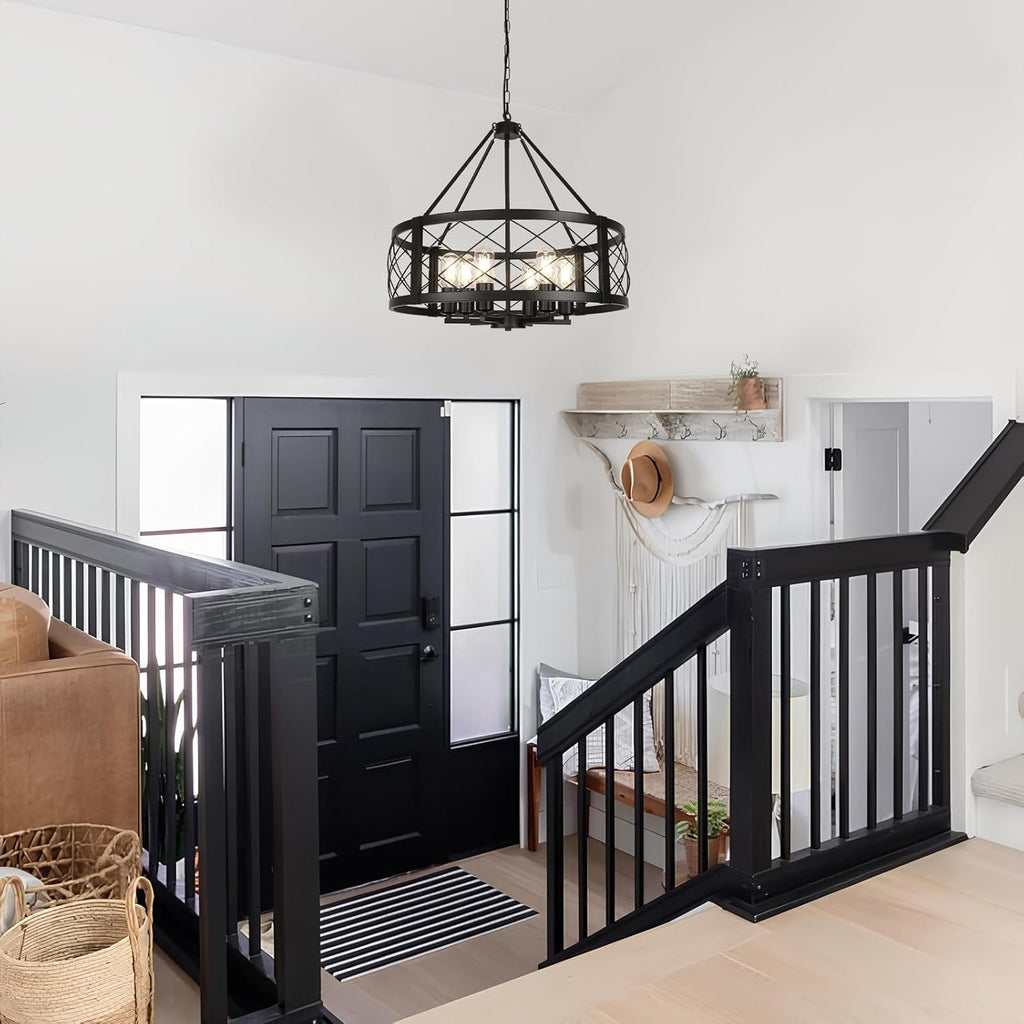 6 Light Black Rustic Drum Chandelier For Dining Room-4