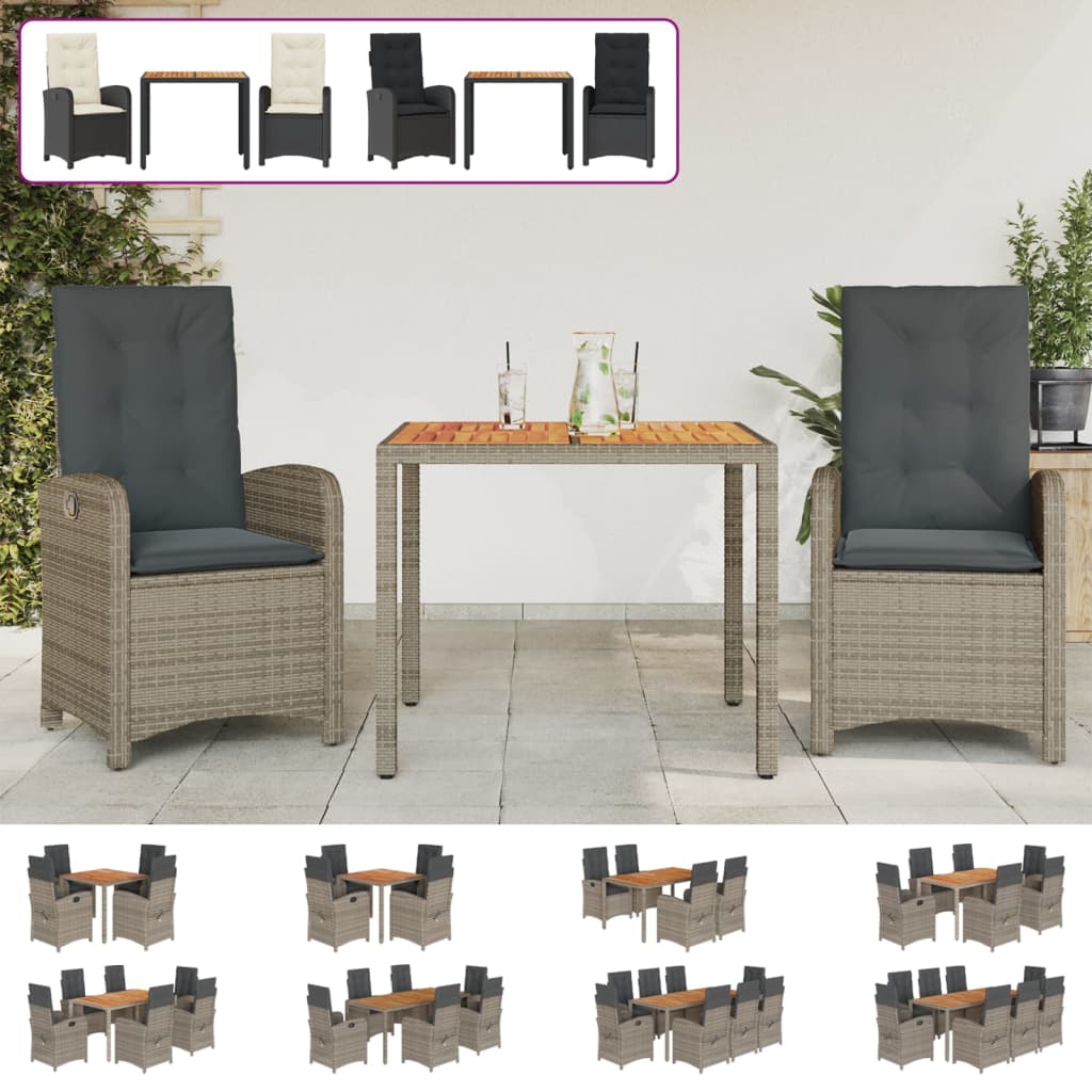 vidaXL 3 Piece Patio Dining Set with Cushions Gray Poly Rattan